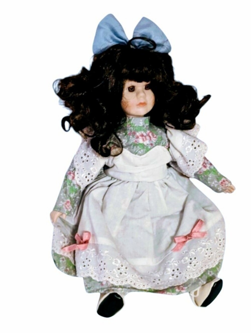 Doll Vintage Porcelain With Soft Body Dark Curly Hair
